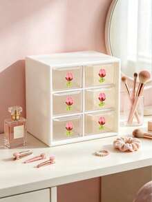 Sweet Style Multi-Compartment Drawer Storage Box, Jewelry And Cosmetic Organizer, Cream White Shell With Delicate Floral Accents, Transparent Drawers For Easy Visibility. Multi-Compartment Design For Categorized Storage Of Hair Ties, Hair Clips, Earrings, Jewelry, And Makeup Tools, Say Goodbye To Desktop Clutter. Compact Design Doesn't Take Up Much Vanity Space, Smooth Sliding Drawers, Combines Aesthetics And Practicality, Perfect Storage Item For Girls' Bedroom Desk, Keeps Small Items Neatly Organized. - Multicolor - View 13