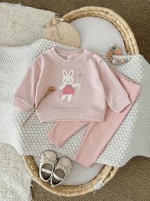 2Pcs/Set Baby Girl Cute Rabbit Applique Embroidery Round Neck Long Sleeve Top & Fine Plaid Long Pants Casual Outfit - Pink - View 3