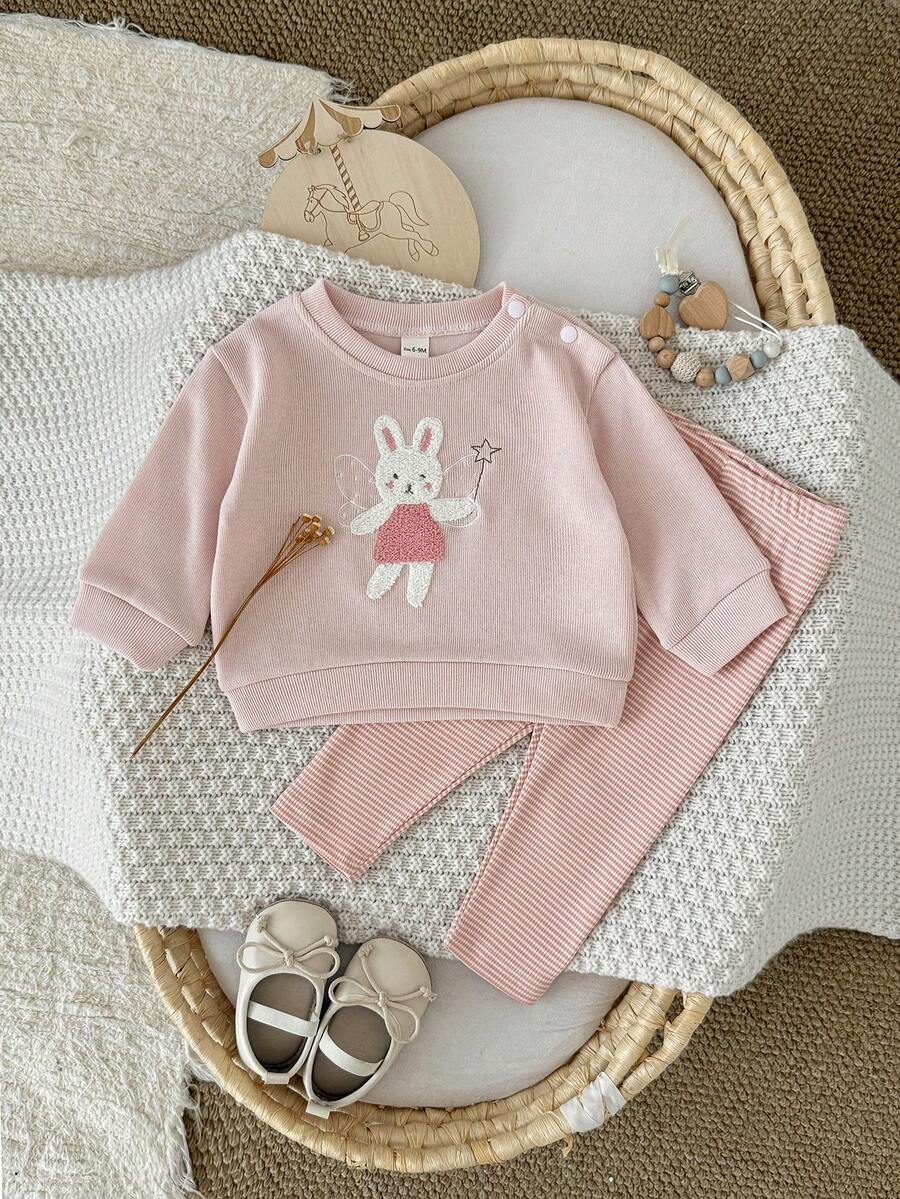 2 Pcs/Set Pakaian Kasual Bayi Perempuan: Atasan Lengan Panjang Leher Bulat dengan Bordir Aplikasi Kelinci Lucu & Celana Panjang Kotak-kotak Halus