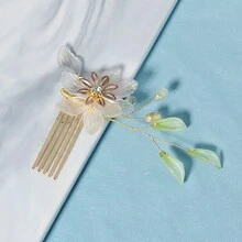 1pc Elegant Floral Hair Comb, Rhinestone & Leaf Decor Vintage Fairycore Hairpiece, Bridal Wedding Hair Accessory For Women - Multicolor - View 3