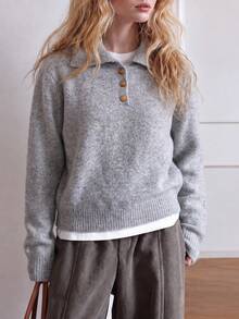 Women's Winter Grey Knit Pullover Sweater, Button Detail, Long Sleeve, Cropped - Grey - View 4