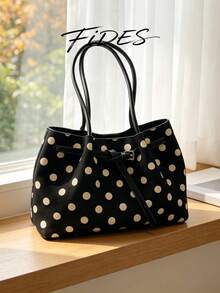 1PC New Women's Polka Dot Print PU Large Capacity Tote Bag, Belt Buckle Design Shoulder Bag, Simple Commute Large Bag, Suitable For Daily Outings, Shopping, Commuting, Versatile Women's Handbag/Shoulder Bag - Black - View 10