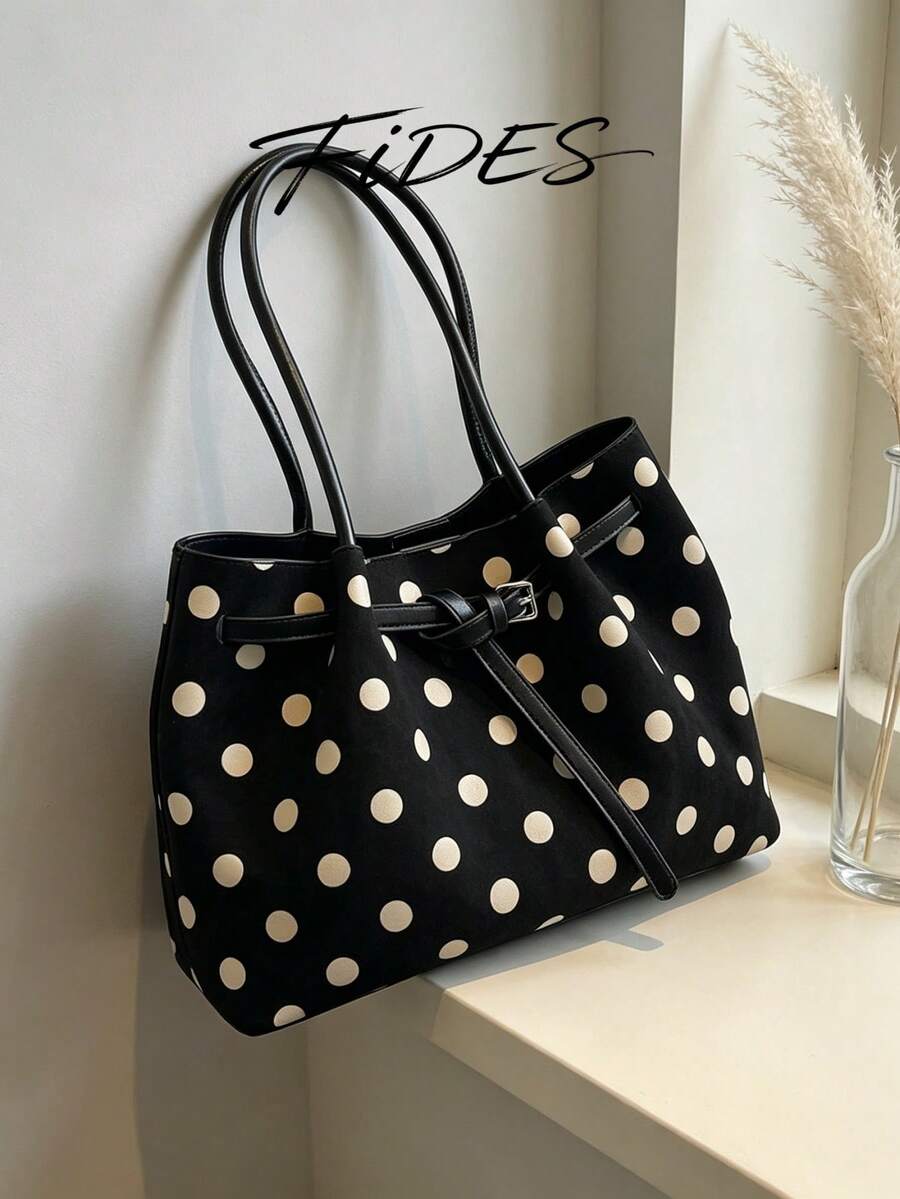 1PC New Women's Polka Dot Print PU Large Capacity Tote Bag, Belt Buckle Design Shoulder Bag, Simple Commute Large Bag, Suitable For Daily Outings, Shopping, Commuting, Versatile Women's Handbag/Shoulder Bag