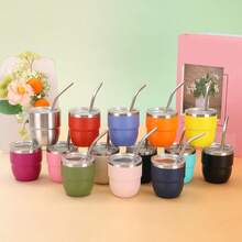 1pc,Cute 4oz Small Stainless Steel Tumbler, Inner 304 Outer 201 Mini Cup With Stainless Steel Straw, Reusable Beverage Cup For Home Office - Multicolor - View 12