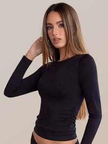Suprenx 女款無縫長袖運動內衣上衣，圓領輕量底層，適合夏季冷氣房穿著 - 黑色 - 查看 7