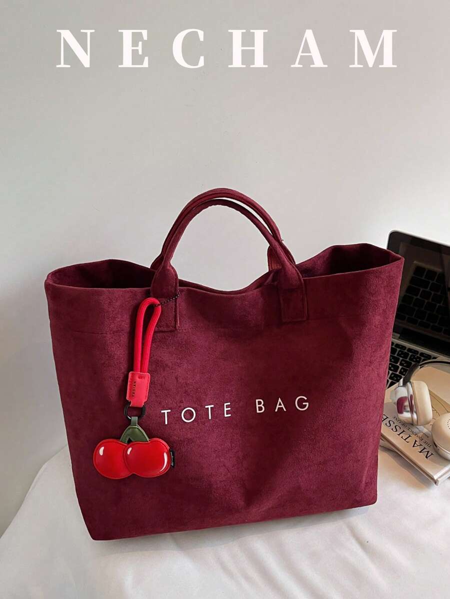 1pc Vintage Suede Solid Color Letter Print Tote Bag, Large Capacity Lightweight Daily Handbag - Burgundy - View 1