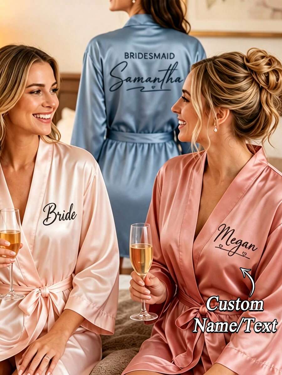 1pc Customized Personalized Sleepwear Set Or Robe - Satin Bride & Bridesmaid Robes, Comfortable Loungewear, Customized Wedding Robe, Embroidered Design, Exclusive Bridesmaid Attire, Customized Satin Long Robe, Customized Bridal Wear, Pre-Wedding Preparation Robe, Wedding Party Outfit, Lace Trim Robe, Customized Personalized Loungewear, Bridal Gift; Style: Minimalist, Fun, Comfortable, Cozy, Cute, Vintage; Features: Customized, Personalized, Unique, Exclusive Custom Gift. - Multicolor - View 1