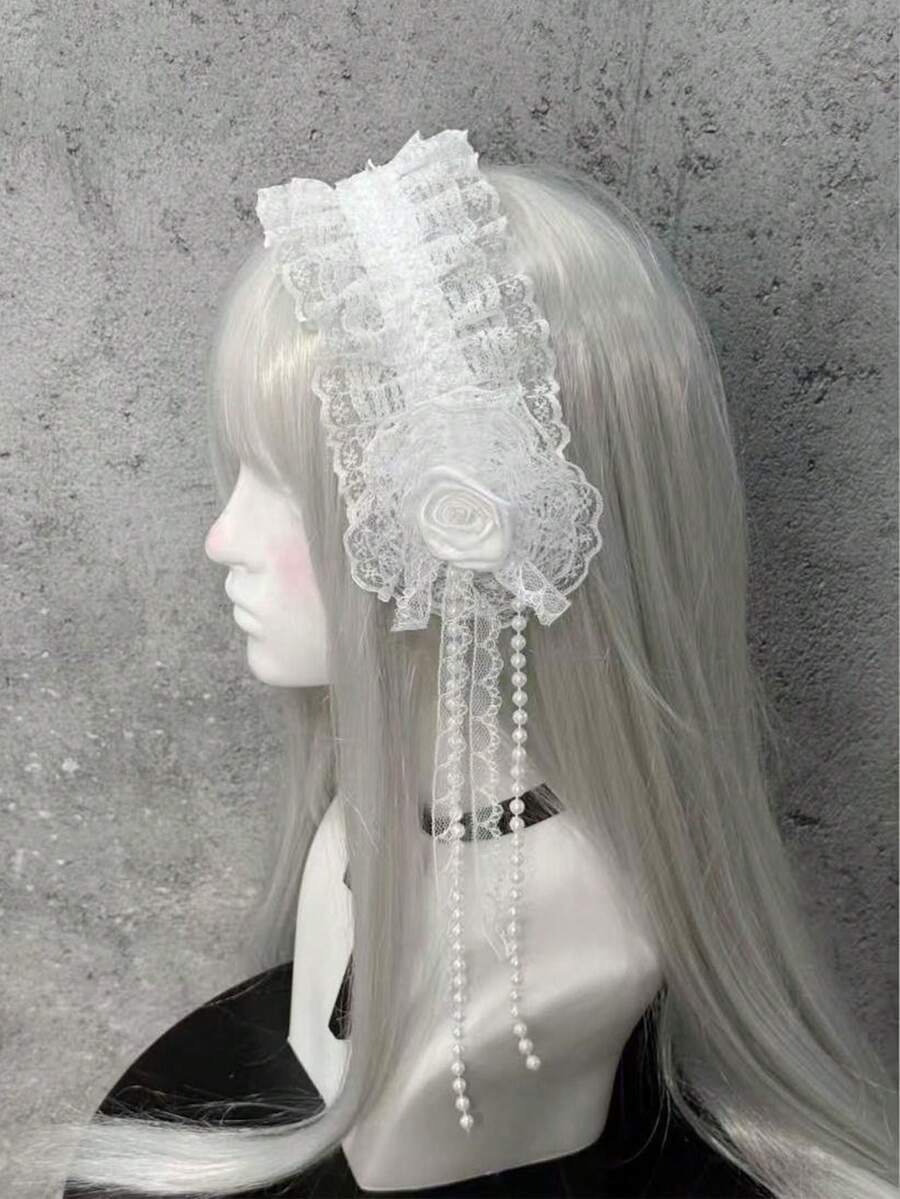 1件白色蕾絲髮箍,附粉色蝴蝶結與緞帶,蘿莉塔風格女款時尚 Cosplay 髮飾 - 米色 - 查看 1