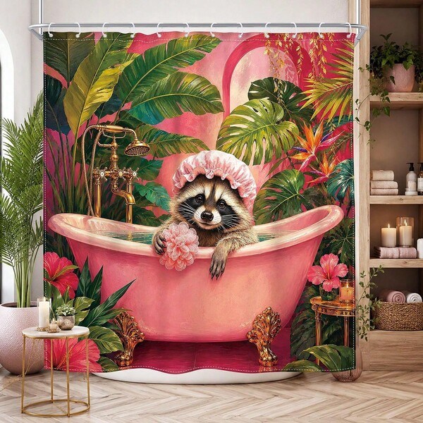 1pc Raccoon Bathing Tropical Jungle Shower Curtain, Fun Animal Bathroom Divider Curtain - Suitable For Bathroom Decor, Easy To Clean Exquisite Home Decoration, Bathroom Divider Curtain, Decorative Shower Curtain, Bathroom Accessories Home Decor Gift - Includes 12 Hooks
