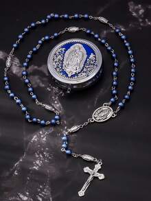 1 Set Rose Bead Necklace And Virgin Mary Cross Stainless Steel Religious Rosary Box, Suitable For Baptism, Wedding Gift, Religious Gift, Coming Of Age Ceremony, Graduation Gift, Catholic Events, Church Donation And Anniversary Gift. - Royal Blue - View 3