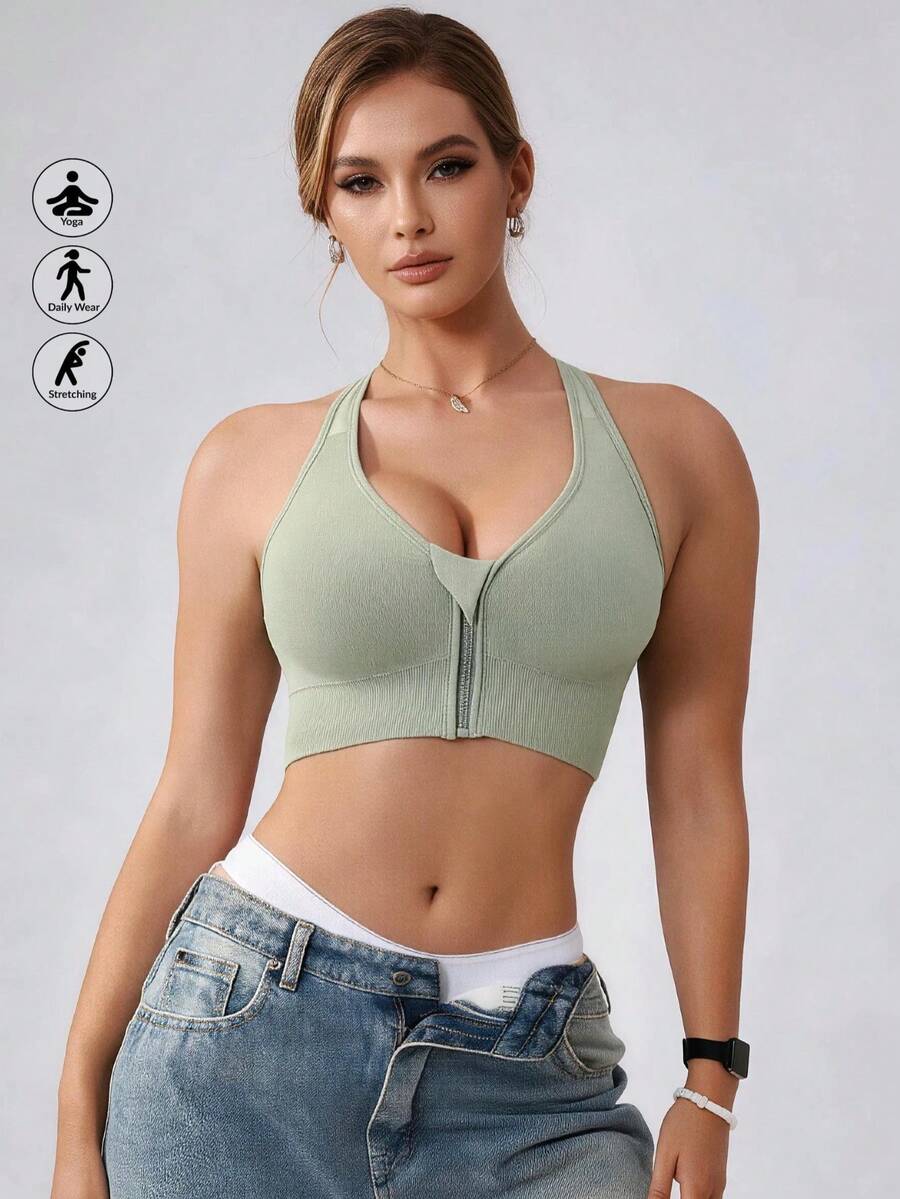 Runway Rest Women's High Intensity Front Zip Seamless Wireless Sports Bra, Suitable For Summer, Winter, Autumn And Spring - Mint Green - View 1