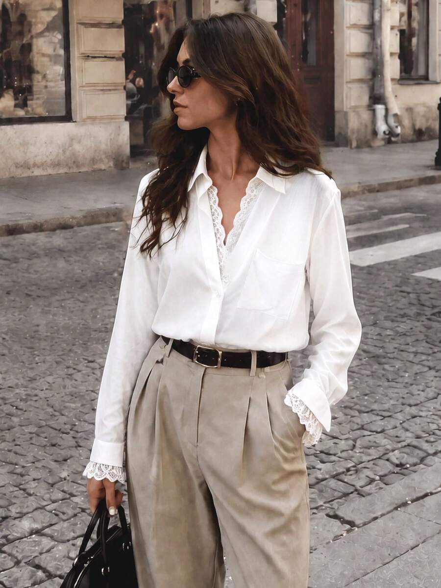 Women's White Long Sleeve Polyester Shirt With Lace Decoration, Fashionable Daily Wear, Pocket Design, Regular Fit - White - View 1