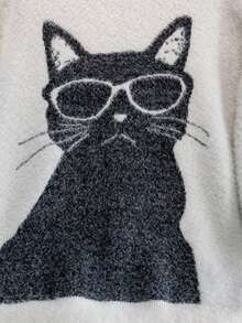 Girls' Street Style Cat Faux Mink Knit Pullover Sweater, Suitable For Casual Wear In Spring, Autumn And Winter - White - View 6