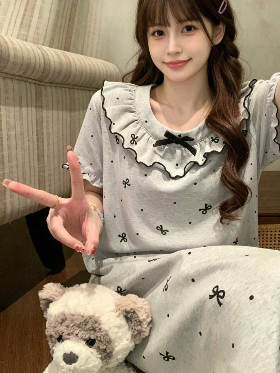 1pc Women's Nightgown, Spring/Summer Pullover Bow Print Fashion Short Sleeve Sleep Dress, Comfortable For Home Wear - Grey - View 1