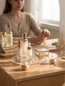 1pc Ins Style Minimalist Acrylic Asymmetrical Vanity Organizer, Wooden Base, Cosmetics Perfume Jewelry Display Rack, Suitable For Bedroom And Desktop Decor - Multicolor - View 4