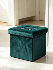 Velvet Folding Storage Ottoman Bench, Foldable Storage Footstool Cube, Button Tufted Footstool Seat Box, Multifunctional Collapsible Storage Chest For Living Room Bedroom Entryway, Space‑Saving Foot Rest Stool With Large Storage Capacity - Dark Green - View 9