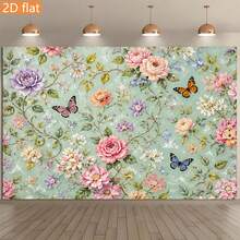 2D Flat-Design Tapestry Featuring A Mint Green Background With Vintage Roses, Butterflies, And Botanical Elements-Including Pink, Purple, White, And Apricot Roses, Fluttering Butterflies, Vines, Leaves, And Delicate Branch Accents. - Multicolor - View 1