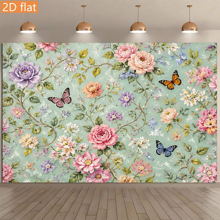 2D Flat-Design Tapestry Featuring A Mint Green Background With Vintage Roses, Butterflies, And Botanical Elements-Including Pink, Purple, White, And Apricot Roses, Fluttering Butterflies, Vines, Leaves, And Delicate Branch Accents. - Multicolor - View 1