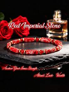 1pc Natural Red Imperial Stone Rectangular Beaded Bracelet Good Luck Wealth, Bohemian Fashion Jewelry Suitable For Men & Women Daily Wear/ Vacation - Red - View 7