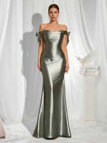 VIPGIRL New Silver Strapless Design Satin Fabric Elegant High-End Luxury Women's Formal Evening Gown - Silver - View 3