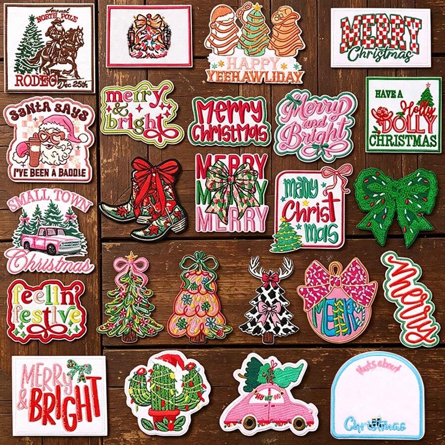 1 Pc Western Country Christmas Embroidered Iron On Patch, Cowboy Rodeo Santa Xmas Tree Cactus Pink Truck Car Bow Applique, Sew On Decor Patch For Denim Jacket Jeans Backpack Hat, Festive Holiday DIY Clothing Craft Gift - Multicolor - View 1