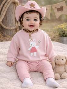 2Pcs/Set Baby Girl Cute Rabbit Applique Embroidery Round Neck Long Sleeve Top & Fine Plaid Long Pants Casual Outfit - Pink - View 4