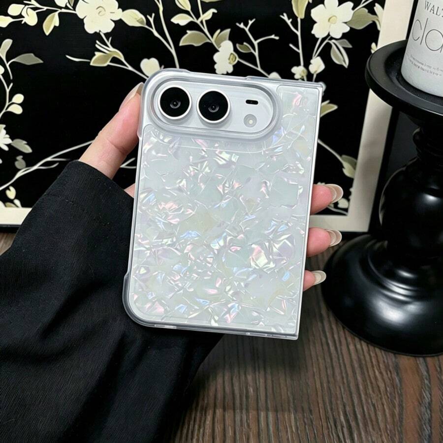Ins Simpple Shell Pattern Phone Case Compatible With IPhone Ultra, Folding Flip Phone Case, Unisex Drop-Proof Protective Case - Iridescent White - View 1