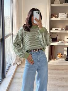 Women's Autumn/Winter Vintage Green & White Striped Round Neck Knit Sweater, Soft Fluffy Fabric, Contrast Ribbed Collar & Cuffs, Loose Drop Shoulder Fit, Lazy Vibe, Versatile For Daily Commute, Gentle & Flattering - Green - View 11