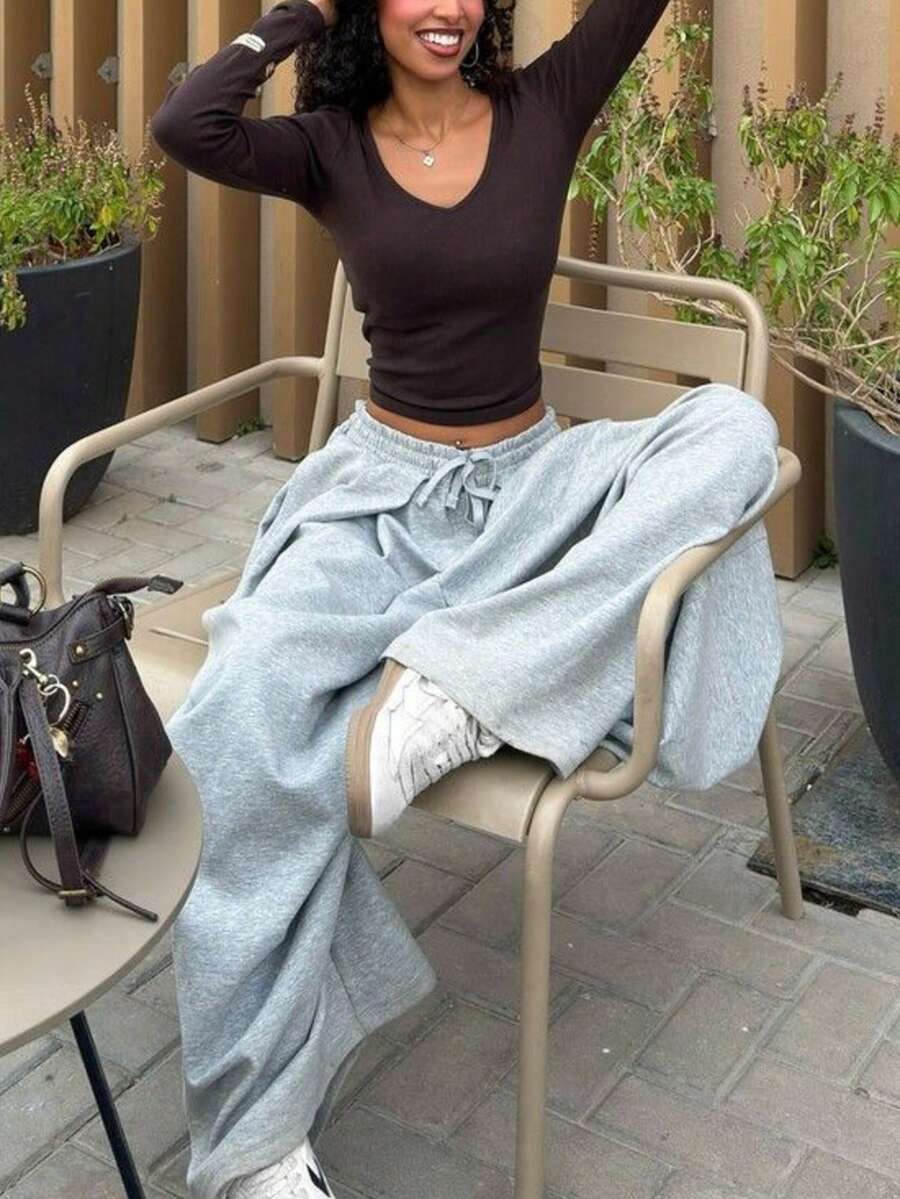 26 Autumn/Winter Women's Solid Color Drawstring Waist Pleated Casual Loose Handsome Versatile Sweatpants - Light Grey - View 1