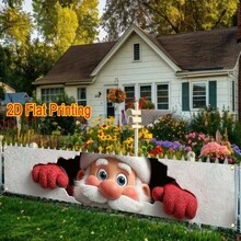 1pc Merry Christmas Santa Peeking From Wall Pattern Polyester Decorative Fence Banner, Suitable For Outdoor Lawn And Wall Decoration, Perfect For Holiday Celebrations - Christmas Wall Breakout - View 6