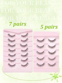 5/7 Pairs Natural Long Curly Voluminous Transparent Stem Cross-Style Fish Tail False Eyelashes 3D Effect, Natural Short Style - Black - View 2