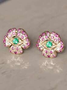 1 par de pendientes de botón redondos geométricos con flor rosa chapados en oro de 14K, accesorio de joyería hipoalergénico para mujer, regalo para fiesta - Verde amarillento - Ver 2