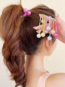 12pcs Candy Color Round Ball Elastic Hair Ties With Glitter Iridescent Beads, Colorful Candy Bead Ponytail Hair Ropes, Sweet Daily School Hair Accessories, Birthday, Holiday Party Gift - Multicolor - View 5