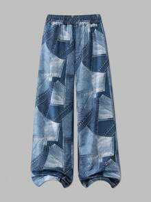 [Random 3 Pieces, 1 Piece Sent] Vintage Street Girl Wide Leg Sweatpants, Full Coverage Colorblock Denim Effect Print Elastic Waist School Pants - Multicolor - View 4