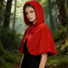 Little Red Riding Hood Cape Women,Short Hood Cape,Halloween Christmas Cloak Costume - Red - View 5