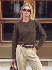 Nicenter Women's Fall Winter Casual Vintage Round Neck Henley Partial Button Placket Long Sleeve Wool Blend Sweater, Cozy Simple For Office Daily Home Date - Coffee Brown - View 9