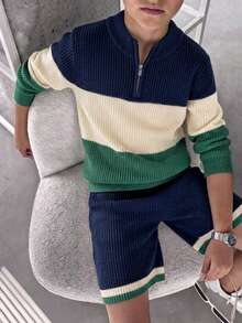 Boys' Tween BoysCollege Style Color Block Striped Half-Zip Sweater, Small Stand Collar Knit Pullover, Long Sleeve, Suitable For School, Casual, Spring, Autumn, Winter - Navy Blue - View 2