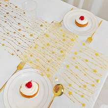 1pc Transparent Mesh Star Garland Christmas Holiday Table Runner, Elegant Thin Mesh Glitter Tablecloth Centerpiece Home Decor For Holiday Birthday Party Dinner, Gold And Silver - Gold - View 4