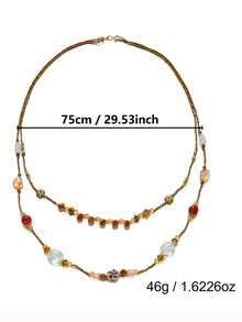 1pc Double Layer Vintage Long Necklace, Gold & Multicolor Beads Collarbone Chain, Suitable For Autumn/Winter Sweater Matching - Multicolor - View 7