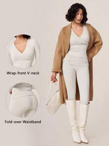 TimeOff Women's One Set Solid Color Cross V-Neck Long Sleeve V-Fold High Waist Mid-Length Pants Set - Apricot - View 1