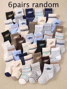 24/12/6 Pairs Random Baby Mid-Calf Socks, Fun Dinosaur Animal Jacquard Pattern Socks, Horizontal Stripe Print Mixed Design, Cute Cartoon Dinosaur Knitted Pattern, Neutral Blue Earth Tone Multi-Color Combination, With Ribbed Elastic Cuff, Soft Breathable And Elastic, Suitable For Little Boys And Girls Daily Casual Wear. - Multicolor - View 13