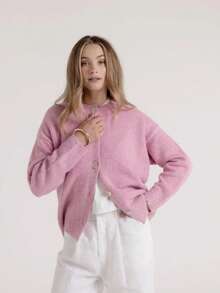 Women's Light Pink Knit Cardigan, Long Sleeve Regular Fit Winter Sweater, Slight Stretch - Pink - View 4