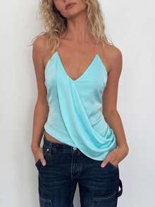 Women's Halter Neck Drape Front Cami Top, Short Polyester Medium Stretch Aqua Blue Tank, Gorgeous Summer Clothes - Blue - View 1