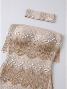 Modphy New Fashionable Sexy Heavily Embellished Tassel, Rhinestone & Faux Pearl Strapless Backless Fitted Dress Fall Wedding Party - Apricot - View 9
