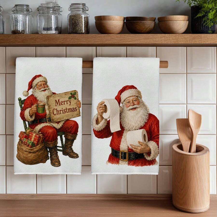 2PCS Kitchen Towels With Fun Santa Claus Pattern Print, 40*60cm Rectangular Microfiber Kitchen Towels, Dish Cloths, Tablecloths, Hand Towels, Christmas Kitchen Decor, Home Decor, Housewarming Gifts For Neighbors, Perfect For Kitchen And Bathroom Use, Suitable For Housewives And Family Gatherings, High Value, Essential Home Item - White - View 1