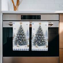 2PCS Christmas Tree & Deer Pattern Printed Kitchen Towels, 40*60cm Rectangular Microfiber Dish Cloths, Hand Towels, Christmas Kitchen Decor, Home Decor, Housewarming Gift For Neighbors, Perfect For Kitchen And Bathroom Use, Ideal For Housewives And Family Gatherings, High Value, Household Essential - Multicolor - View 5