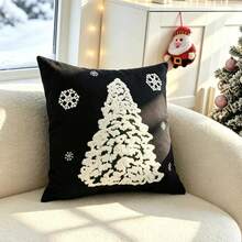 LCUHPCL 1pc Winter Atmosphere Christmas Tree Snowflake 3D Embroidered Pillow Case, Suitable For Bedroom, Living Room, Sofa, Daily Use, Party And Various Environments - Black - View 9