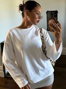 Women's All-Match White Crew Neck Drop Shoulder Long Sleeve T-Shirt, Loose Fit 100% Pure Cotton Solid Color Versatile Base Layer Top, Suitable For Casual Daily Wear - White - View 6
