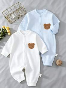 2 Potong Baju Terusan Bayi, Motif Beruang Bordir Biru & Putih, Bayi Baru Lahir, Cocok Untuk Semua Musim - Blue and White - View 1