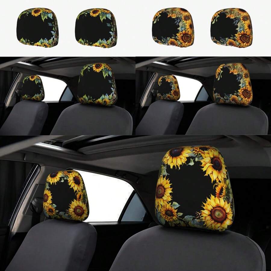 2 cái bọc tựa đầu ô tô, họa tiết hoa hướng dương, chất liệu polyester, không nhồi bông, dễ lắp đặt và vệ sinh, kích thước phổ thông, phù hợp với hầu hết các dòng xe ô tô - Vỏ gối hình ô tô - Xem 1
